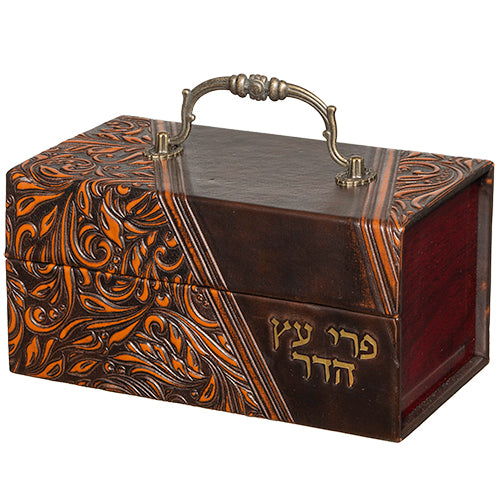 קופסא לאתרוג עץ ועור עם ידית מתכת דגם עלים 12×20×11 ס״מ עץ,דמוי עור,מתכת
