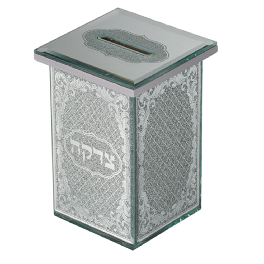 קופת צדקה מראה עם נצנצי זכוכית ועיטורים, 12.5 ס״מ זכוכית,עץ כסף,שקוף