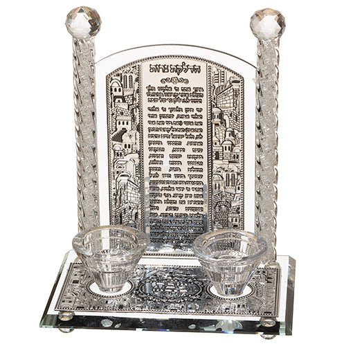 פמוטי קריסטל עם פלקטה הדלקת נרות "ירושלים" 24 קריסטל כסף,שקוף