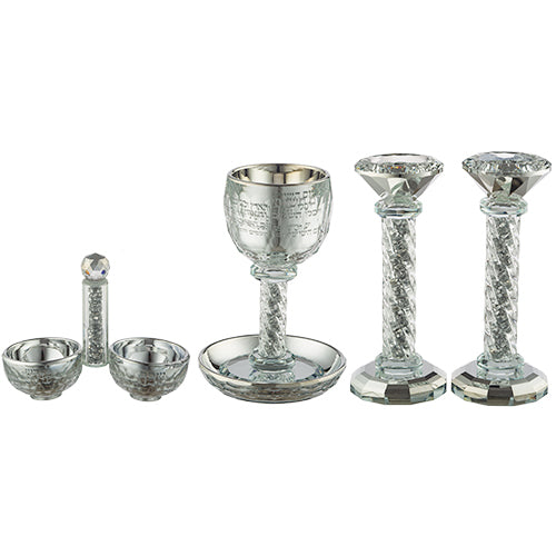 סט גביע קידוש + פמוטים + מלחייה מקריסטל עם אבנים כסף קריסטל טבעי