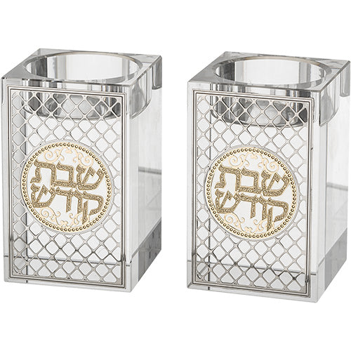 זוג פמוטי קריסטל מרובע עם פלקטה "עיטור" 8 ס״מ קריסטל טבעי