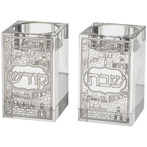 זוג פמוטי קריסטל מרובע עם פלקטה "ירושלים" 8 ס״מ קריסטל טבעי
