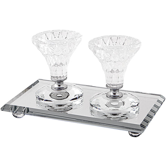 Pair Elegant Crystal Candlesticks 8cm with Elegant Tray 18×10 cm