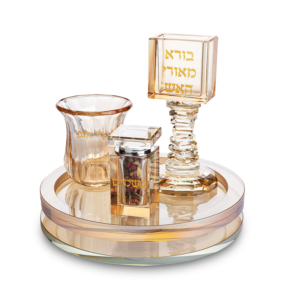 סט הבדלה מהודר מקריסטל זהב עם מגש מסתובב 20 ס״מ קריסטל זהב