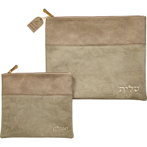 סט טלית תפילין מהודר דמוי עור קרם 36×29 ס״מ דמוי עור