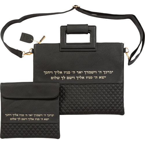 סט מפואר לטלית דמוי עור שחור אותיות בולטות דמוי עור