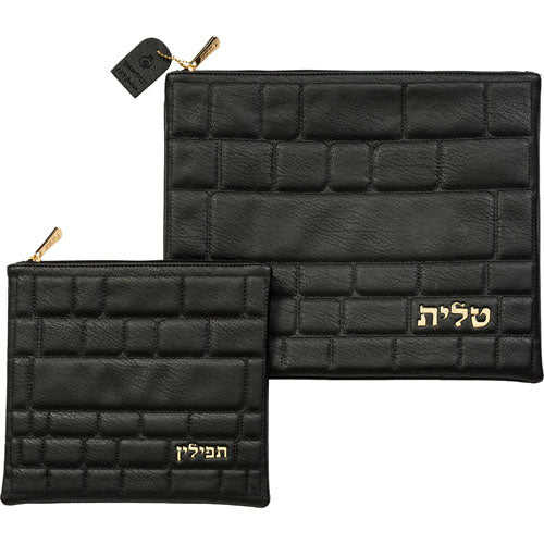 סט טלית תפילין פיו כותל שחור אותיות בולטות זהב דמוי עור שחור