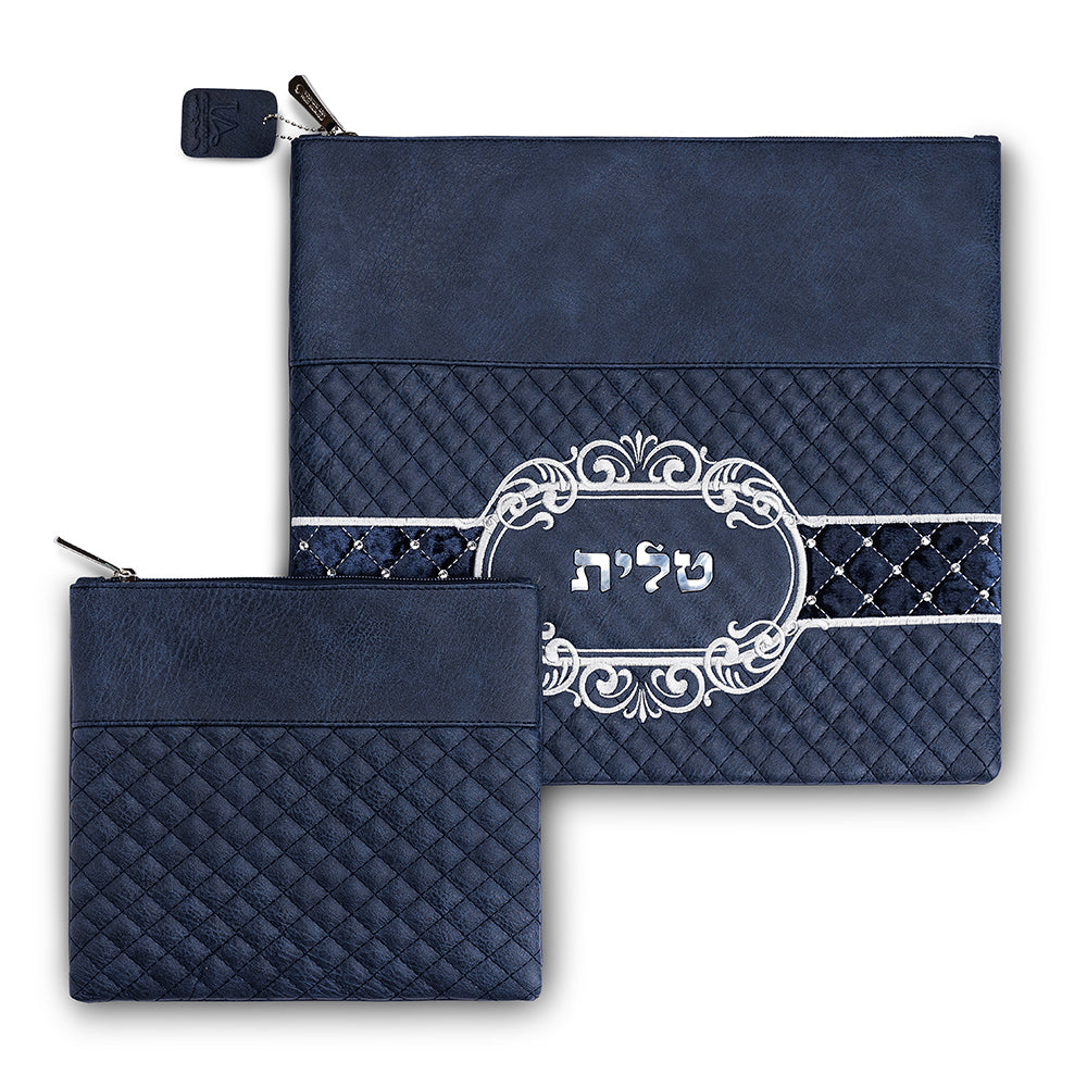 סט טלית תפילין דמוי עור כחול כהה עם ריקמה 36×34 ס״מ עץ לבן