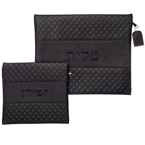סט טלית תפילין דמוי עור עם ריקמה 36×29 ס״מ דמוי עור שחור