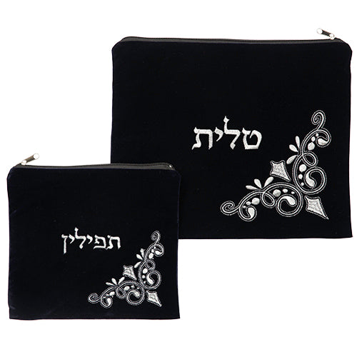 סט טלית תפילין קטיפה כחול כהה עם ריקמה 36×2 קטיפה כחול
