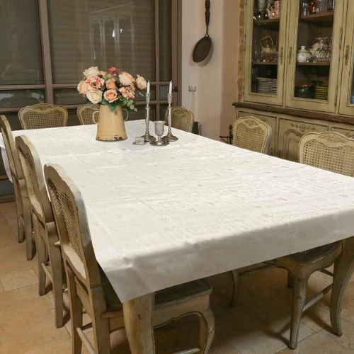 מפת שולחן מהודרת "שבת ויום טוב" 140×350 ס״מ בד לבן