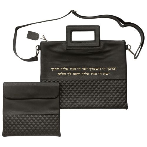 תיק מפואר לטלית דמוי עור שחור אותיות בולטות "ויברכך" זהב 31×38 ס״מ דמוי עור שחור