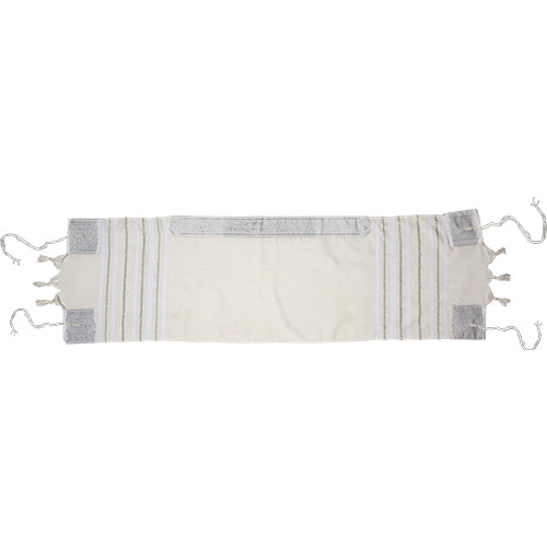 טלית קטן אקרילן 105×30 ס״מ פסים לבן וכסף בד לבן