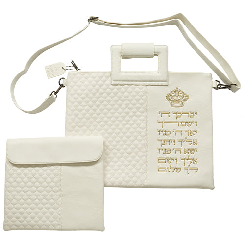 סט תיקי טלית ותפילין דמוי עור לבן עם אותיות בולטות, 38×31 ס״מ דמוי עור לבן