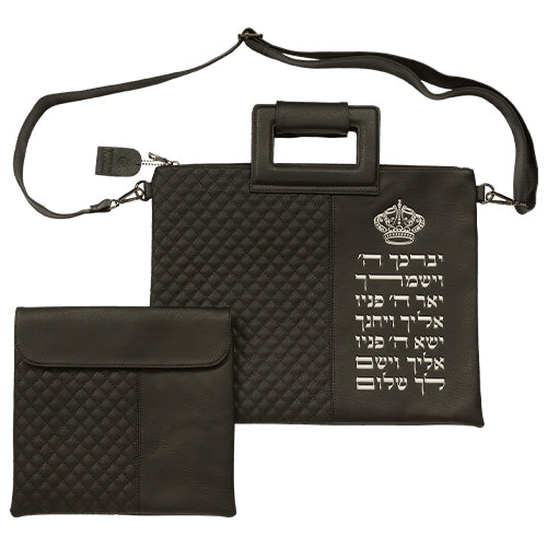 סט תיקי טלית ותפילין דמוי עור שחור עם אותיות בולטות, 38×31 ס״מ דמוי עור שחור