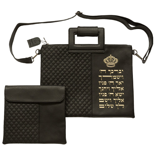 סט תיקי טלית ותפילין דמוי עור שחור עם אותיות בולטות, 38×31 ס״מ דמוי עור שחור