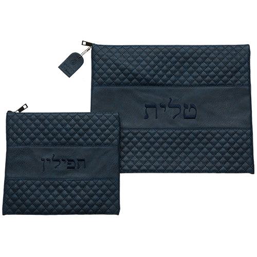 סט טלית תפילין כחול כהה דמוי עור עם ריקמה 36×29 ס״מ דמוי עור כחול