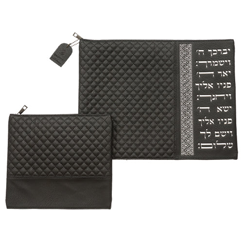 סט טלית תפילין דמוי עור שחור אותיות בולטות "ויברכך" כסף 36×29 ס״מ דמוי עור שחור