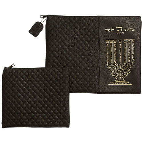 Faux Leather Tallit - Tefillin Set 36×29 cm Black with Embossed Letters - Gold
