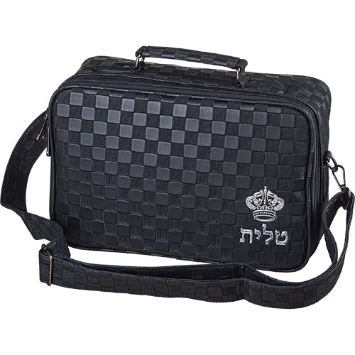 תיק טלית קטן גוון שחור פיו מפואר אותיות בולטות "כתר" 23×36 ס״מ דמוי עור שחור