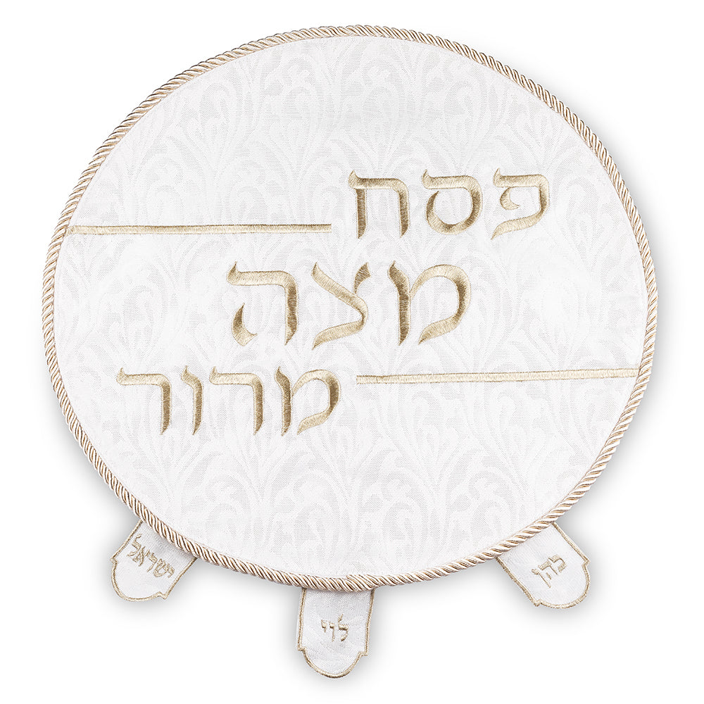 כיסוי פסח ברוקרט עם רקמה זהב 45 ס״מ דמוי עור לבן,זהב