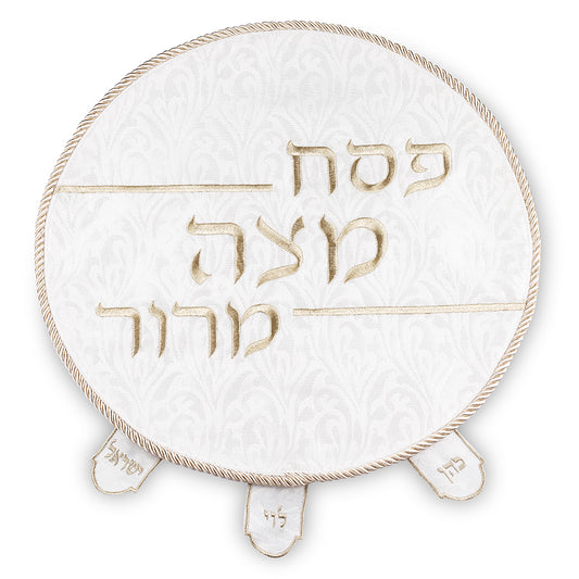 כיסוי פסח ברוקרט עם רקמה זהב 45 ס״מ דמוי עור לבן,זהב
