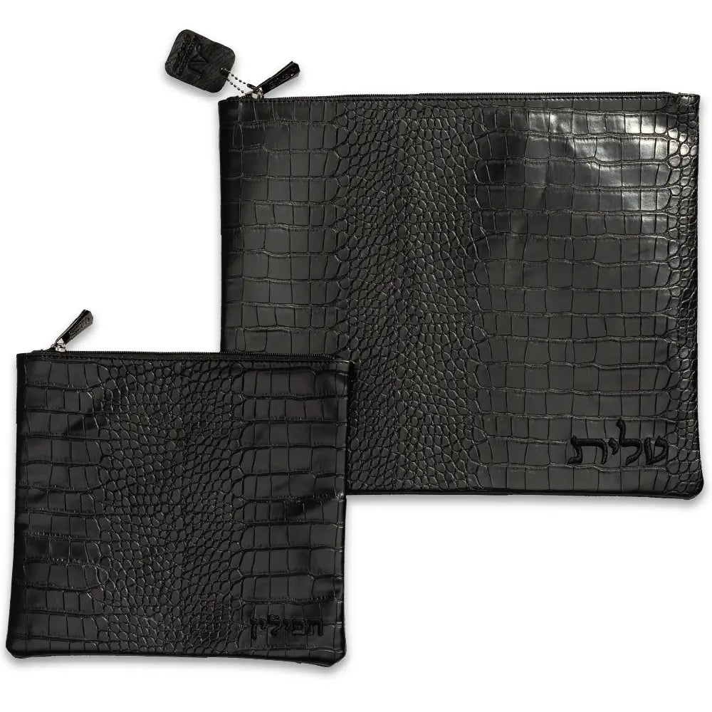 סט טלית תפילין דמוי עור שחור עם ריקמה 39×31 ס״מ דמוי עור שחור