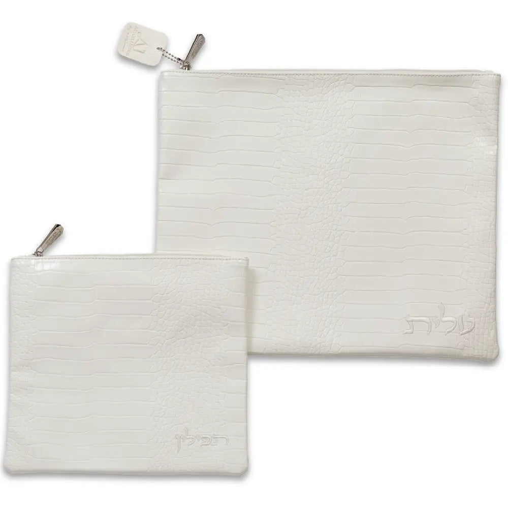 White Faux Leather Tallit - Tefillin Set 39×31 cm with Embroidery – Model UK67826