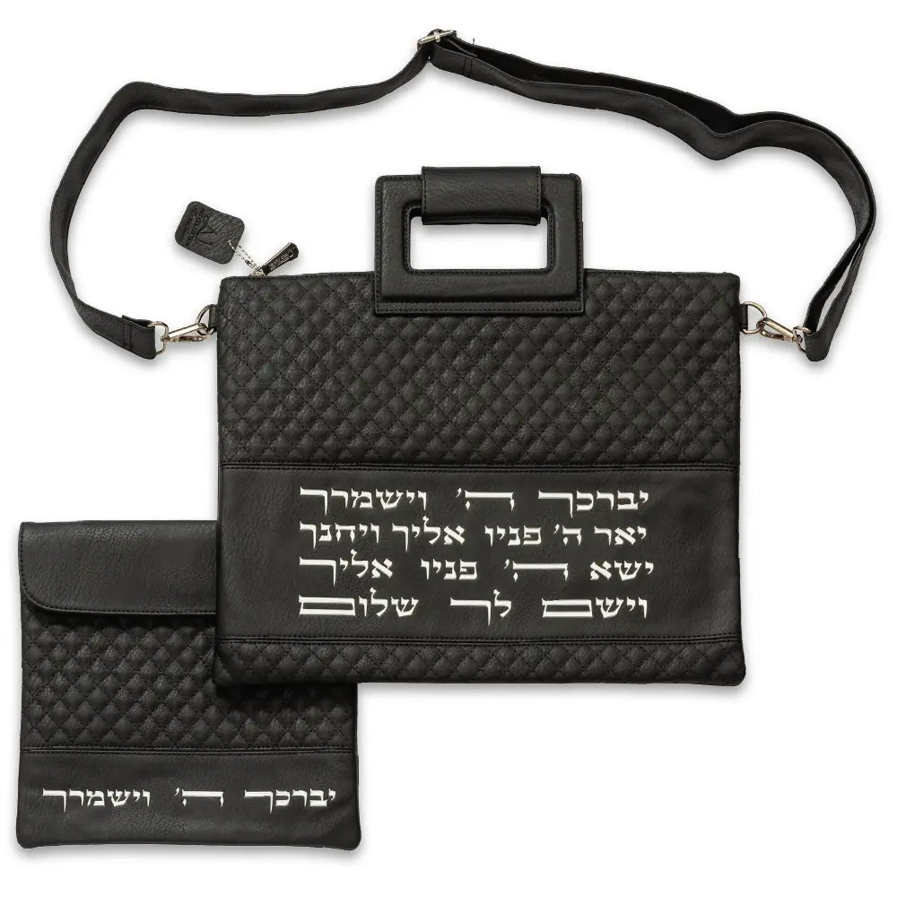 תיק מפואר לטלית דמוי עור שחור אותיות בולטות "יברכך" 36×29 ס״מ דמוי עור שחור