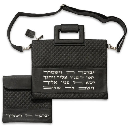 תיק מפואר לטלית דמוי עור שחור אותיות בולטות "יברכך" 36×29 ס״מ דמוי עור שחור