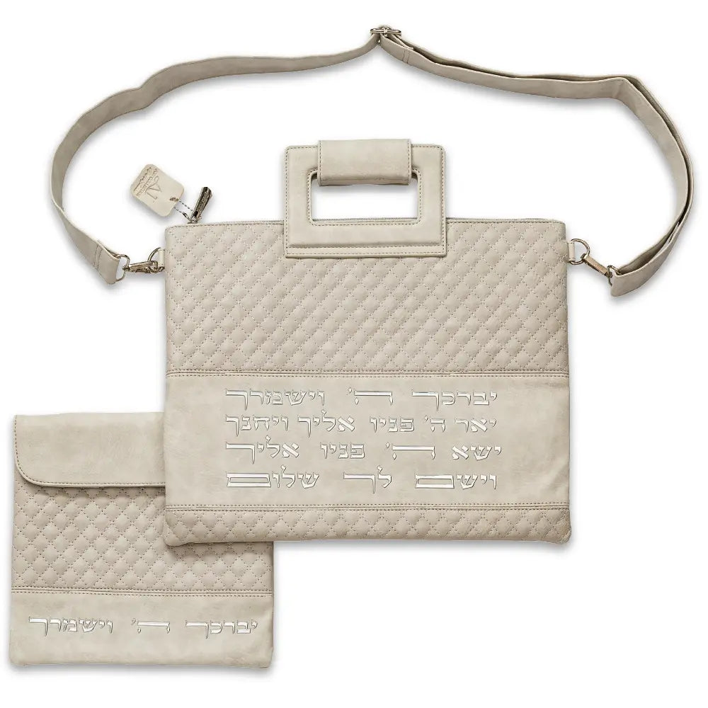 Faux Leather Talit - Tefilin Set 36×29 cm with Bold Embroidery - Gray - Silver – Model UK67857