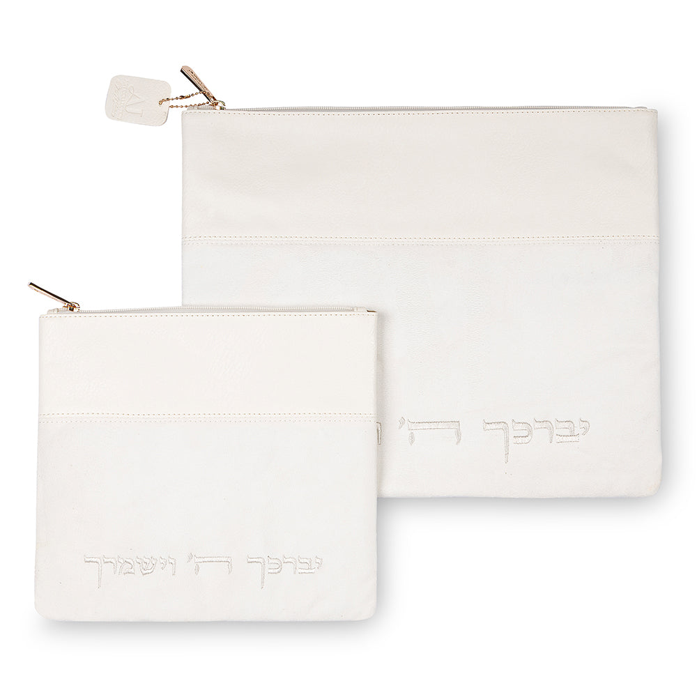 סט טלית תפילין מהודר דמוי עור לבן 36×30 ס״מ דמוי עור לבן