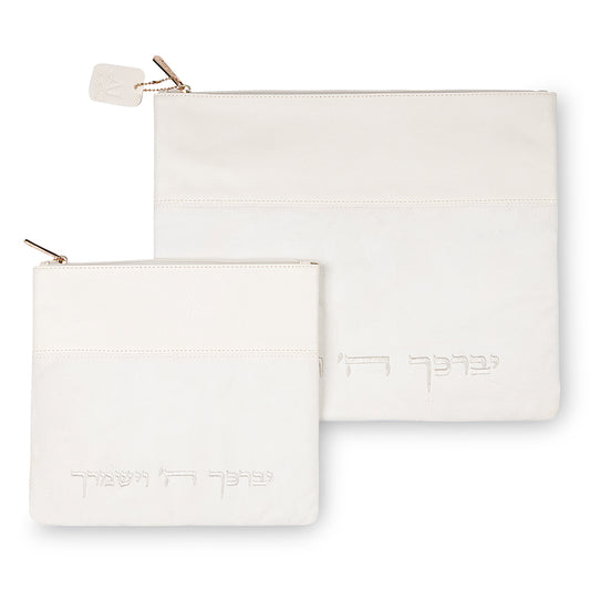 סט טלית תפילין מהודר דמוי עור לבן 36×30 ס״מ דמוי עור לבן