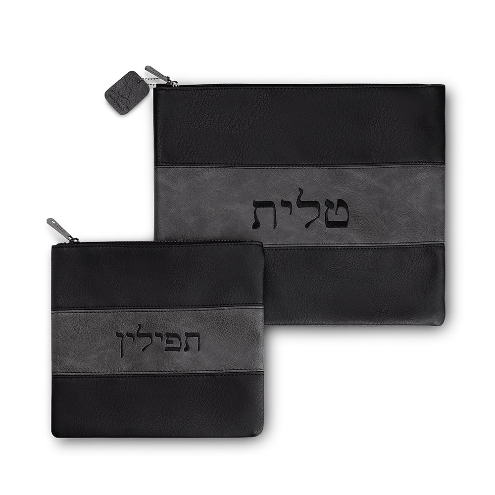 סט טלית תפילין דמוי עור שחור ואפור עם ריקמה 36×29 ס״מ דמוי עור שחור