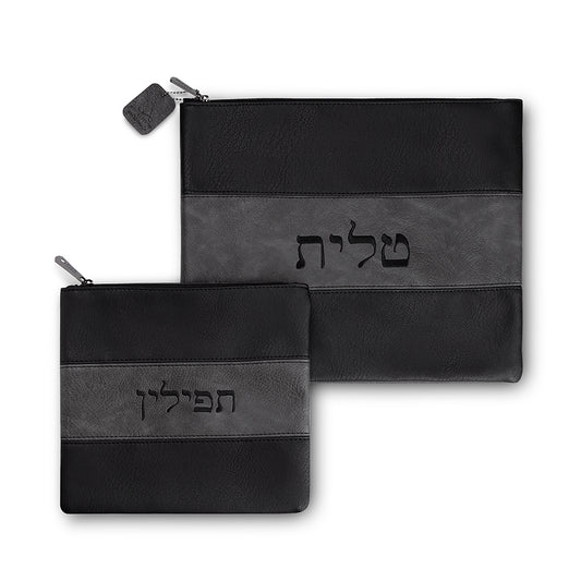 סט טלית תפילין דמוי עור שחור ואפור עם ריקמה 36×29 ס״מ דמוי עור שחור