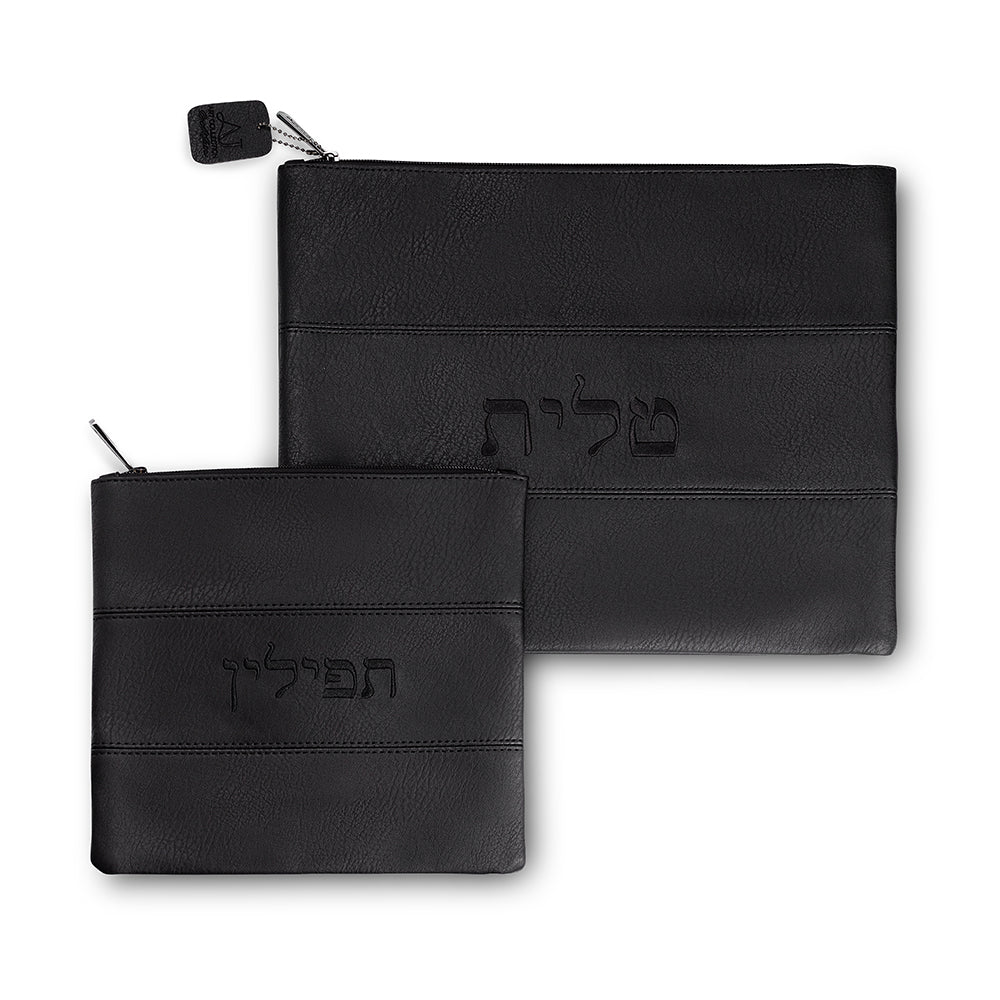 סט טלית תפילין דמוי עור שחור עם ריקמה 36×29 ס״מ דמוי עור שחור