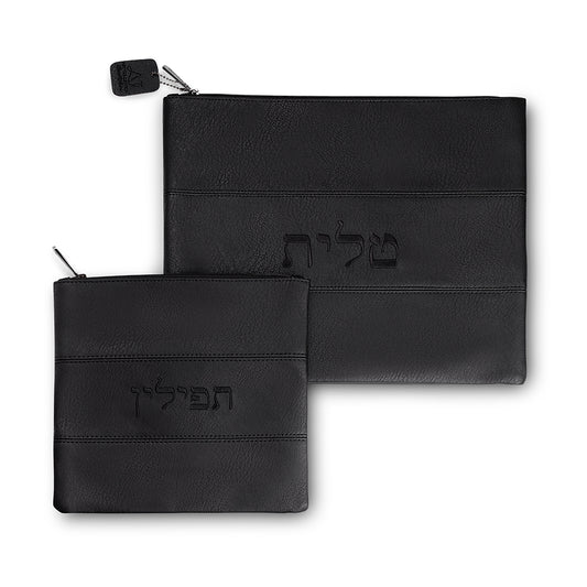 סט טלית תפילין דמוי עור שחור עם ריקמה 36×29 ס״מ דמוי עור שחור