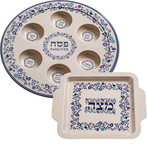 סט קערת פסח ומצה במבוק פרחונית במבו