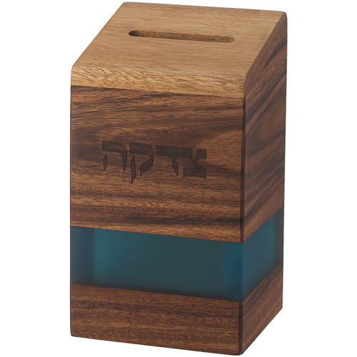 קופת צדקה עץ עם אפוקסי טורקיז 14 ס״מ עץ