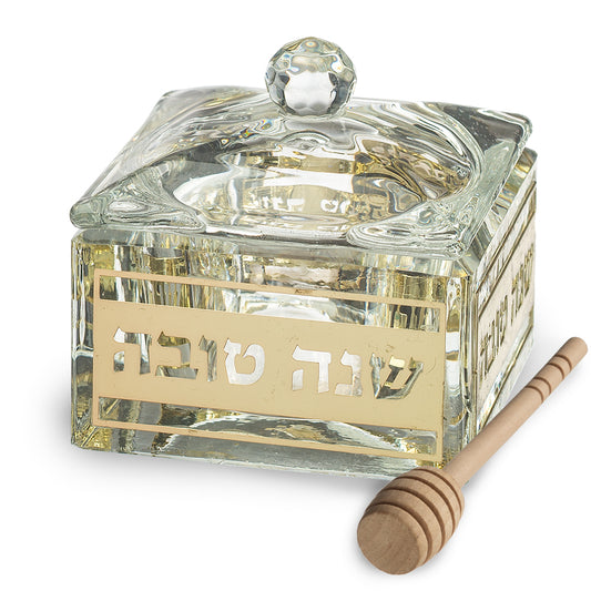 כלי מהודר לדבש מקריסטל עם פלקטה 7×7 ס״מ קריסטל טבעי