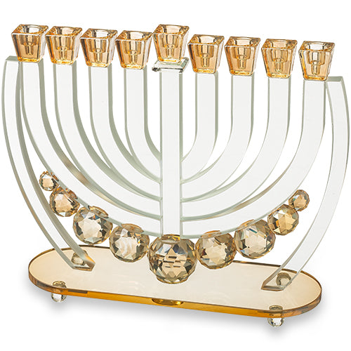 חנוכייה קריסטל עם כדורים זהב 25 ס״מ קריסטל