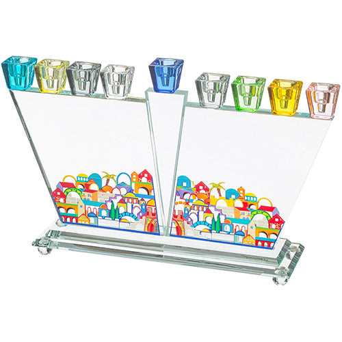 חנוכייה קריסטל קנים צבעוניים עם פלקטה צבעונית ירושלים 35×21 ס״מ קריסטל