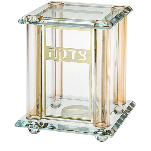 Crystal Tzedakah Box 13×9 cm with Plate - Gold