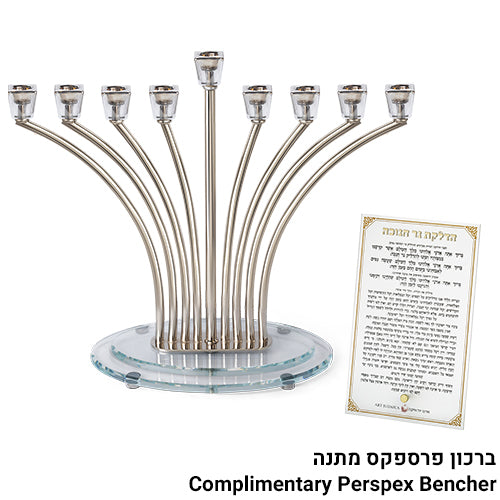 חנוכייה "אור הזהב" כסף קנים קריסטל כסף בסיס קריסטל 32 ס״מ קריסטל
