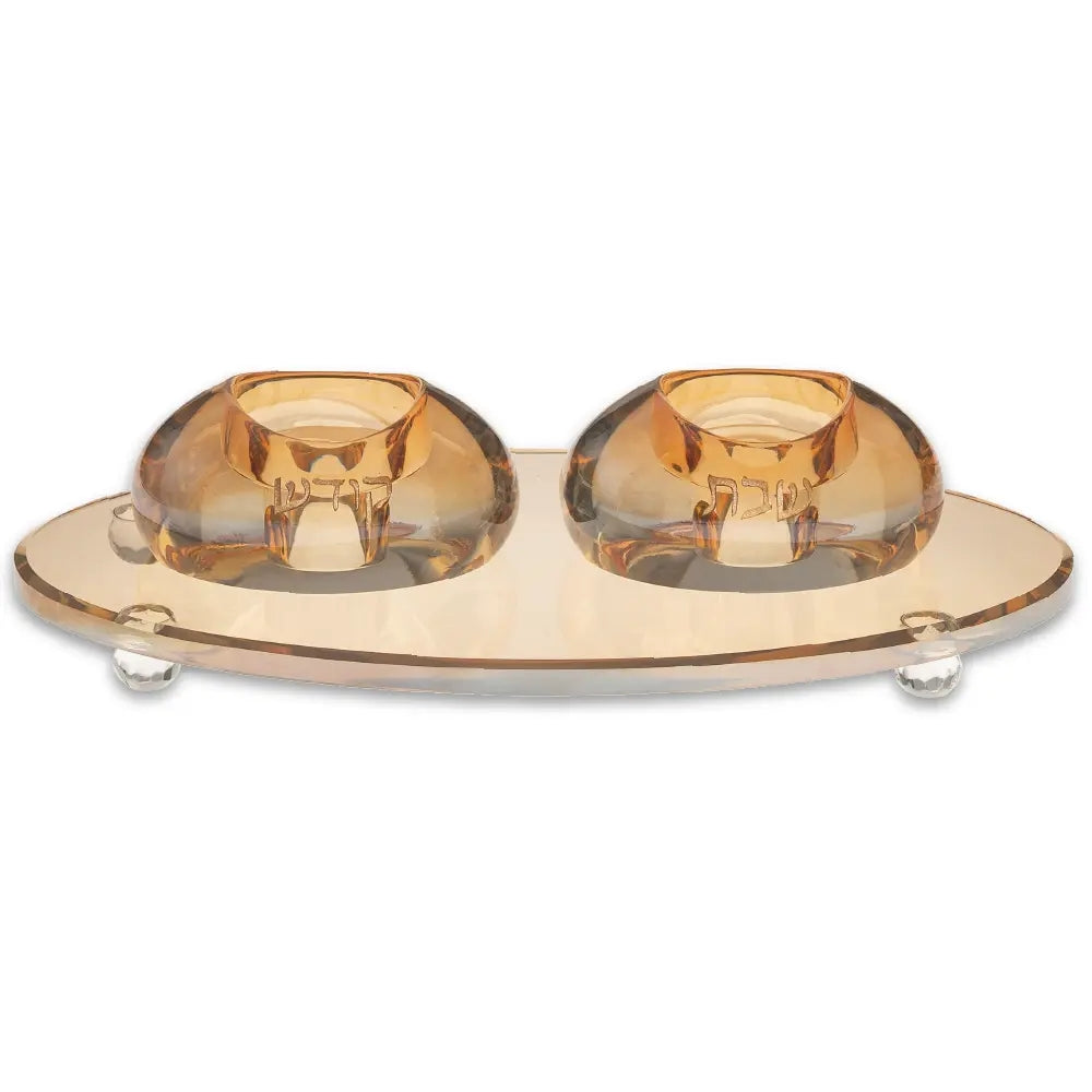 Crystal Elegant Candlesticks 4cm with Crystal Tray 24cm - Gold