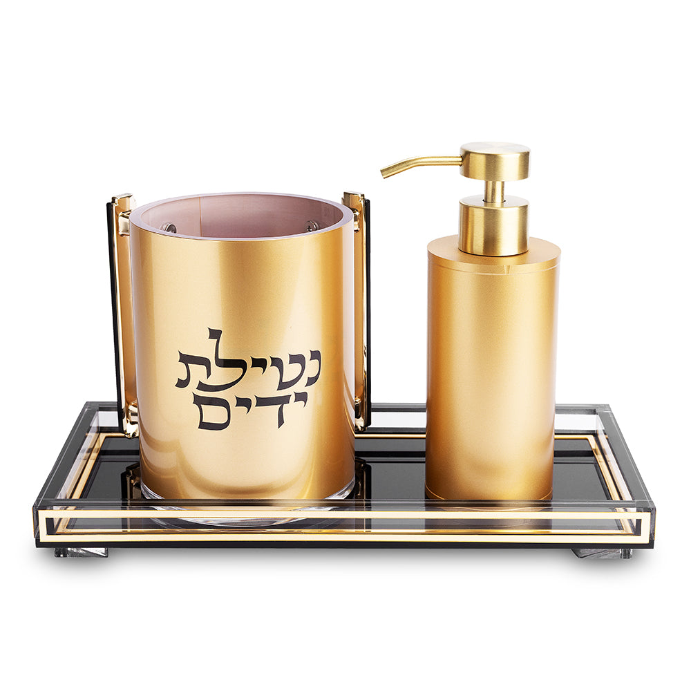 סט סבונייה עם נטלה אקריליק מהודר כולל מגש פרספקס זהב