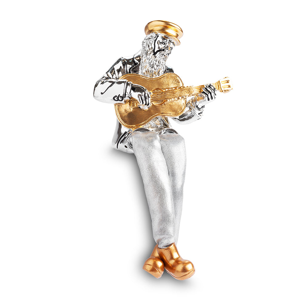 Silvered Polymer Sitting Hassidic Figurine with Cloth Legs 10.5 cm - Guitar Player