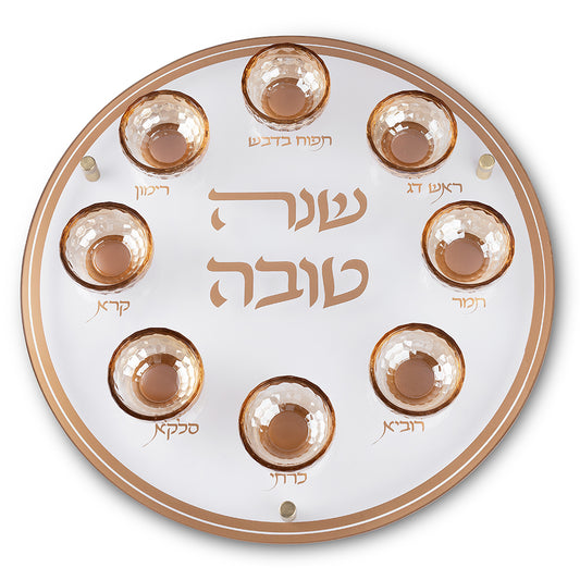 צלחת עגולה מהודרת לראש השנה מזכוכית וקריסטל 40 ס״מ פרספקס שקוף,זהב