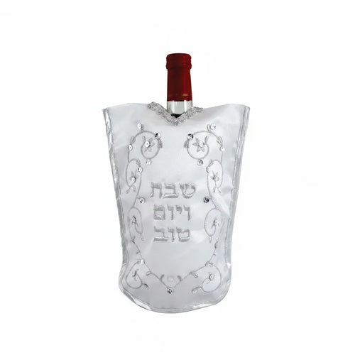 כיסוי לבקבוק יין סטן "עלים" 26 ס״מ סאטן לבן,כסף