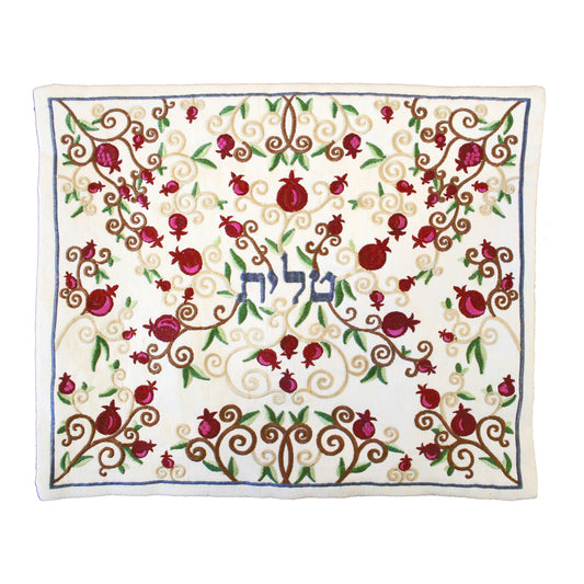 תיק טלית - רקמת מכונה - רימונים מלא לבן